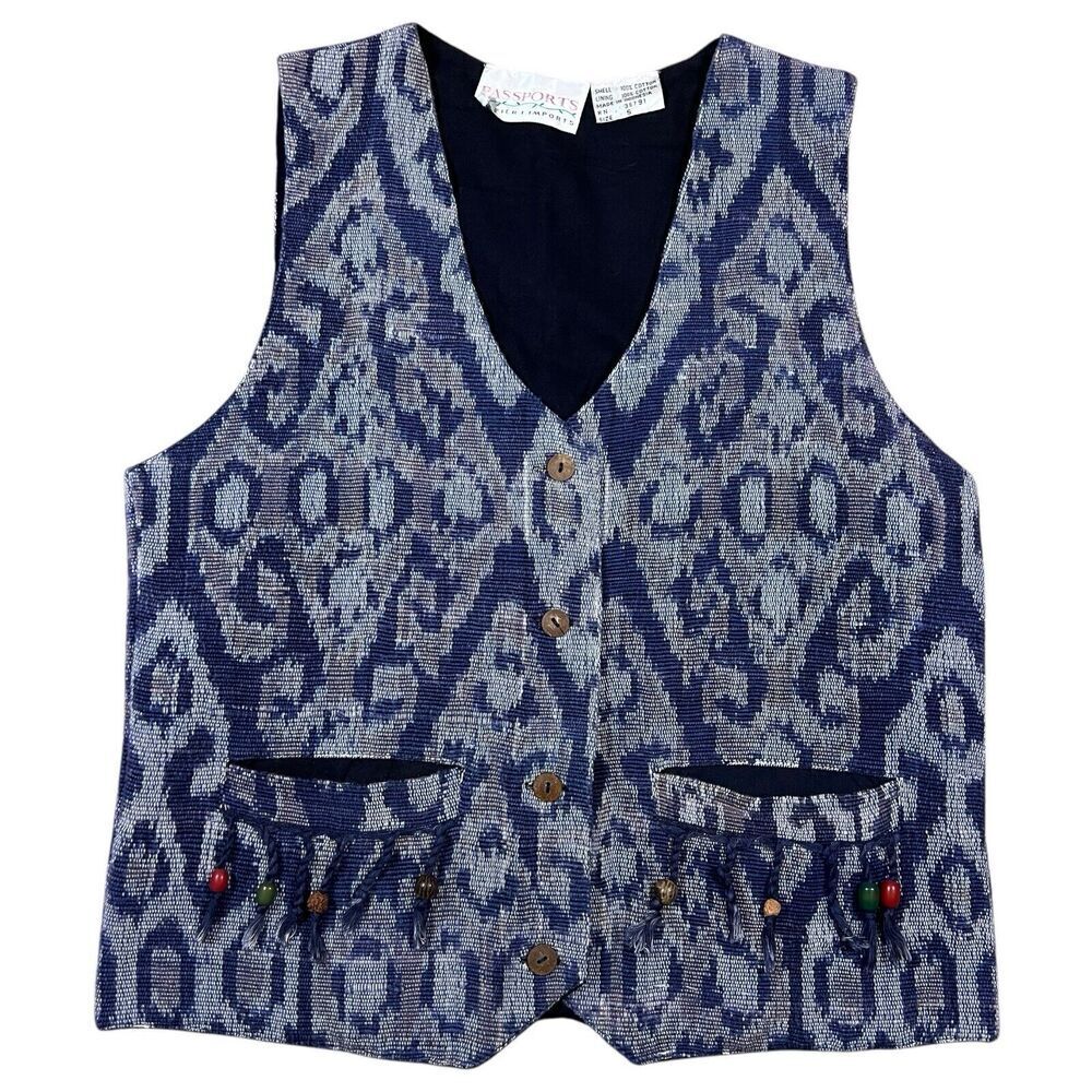 Vintage Passports Pier 1 Imports Button Aztec Tapestry Woven Vest Size Small
